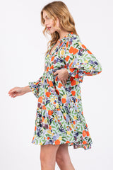 Light Blue Fruit Print Long Sleeve Tiered Dress