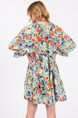 Light Blue Fruit Print Long Sleeve Tiered Dress