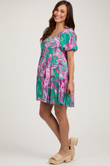 Green Floral Puff Sleeve Maternity Dress