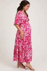 Fuchsia Floral Dolman Sleeve Tiered Maternity Maxi Dress