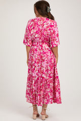 Fuchsia Floral Dolman Sleeve Tiered Maternity Maxi Dress