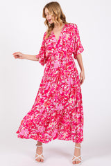 Fuchsia Floral Dolman Sleeve Tiered Maxi Dress