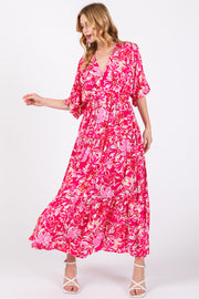 Fuchsia Floral Dolman Sleeve Tiered Maxi Dress