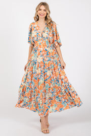 Peach Floral Dolman Sleeve Tiered Dress