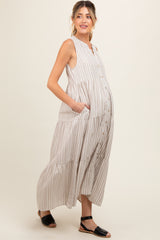 Taupe Striped Sleeveless Tiered Linen Maternity Midi Dress