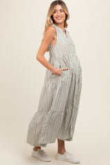 Sage Striped Sleeveless Tiered Linen Maternity Midi Dress