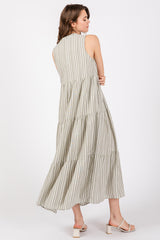 Sage Striped Sleeveless Tiered Linen Midi Dress