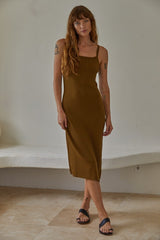 Olive Square Neck Ribbed Sleeveless Maternity Midi Dress