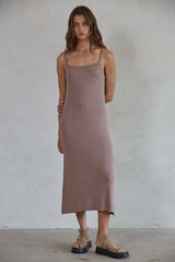 Mocha Square Neck Ribbed Sleeveless Midi Dress