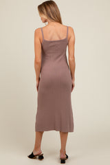 Mocha Square Neck Ribbed Sleeveless Maternity Midi Dress