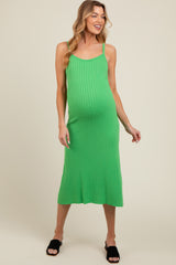 Green Square Neck Ribbed Sleeveless Maternity Midi Dress