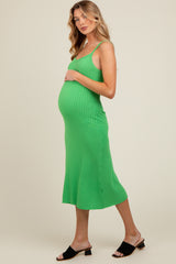 Green Square Neck Ribbed Sleeveless Maternity Midi Dress