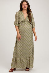 Olive Deep V-Neck Short Puff Sleeve Ruffle Maternity Maxi Dress