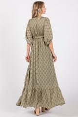 Olive Deep V-Neck Short Puff Sleeve Ruffle Maxi Dress