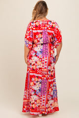 Red Mixed Print Bell Sleeve Plus Maternity Maxi Dress