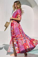 Red Mixed Print Bell Sleeve Maxi Dress