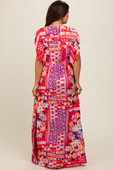 Red Mixed Print Bell Sleeve Maternity Maxi Dress