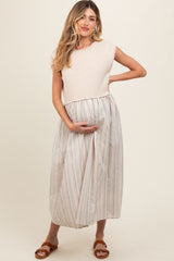 Sage Knit Striped Skirt Pocketed Sleeveless Maternity Midi Dress