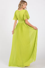 Lime Chiffon Wrap Front V-Neck Short Sleeve Pleated Maxi Dress