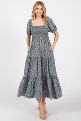 Navy Floral Smocked Tiered Puff Sleeve Maternity Maxi Dress