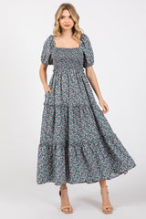 Navy Floral Smocked Tiered Puff Sleeve Maxi Dress