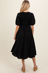 Black Ribbed Bodice Puff Sleeve Maternity Midi Dress