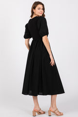 Black Ribbed Bodice Puff Sleeve Midi Dress