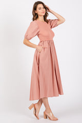 Peach Ribbed Bodice Puff Sleeve Midi Dress