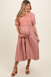 Peach Ribbed Bodice Puff Sleeve Maternity Midi Dress