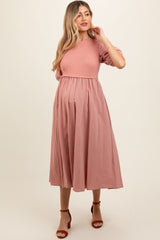 Peach Ribbed Bodice Puff Sleeve Maternity Midi Dress