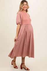 Peach Ribbed Bodice Puff Sleeve Maternity Midi Dress