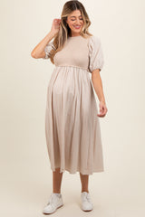 Beige Ribbed Bodice Puff Sleeve Maternity Midi Dress