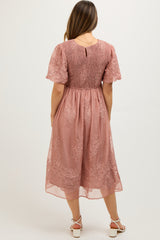 Mauve Floral Lace Smocked Maternity Midi Dress