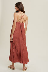 Rust Crinkle V-Neck Cross Back Midi Dress