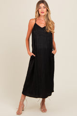 Black Crinkle V-Neck Cross Back Maternity Midi Dress