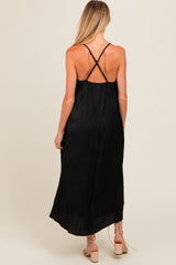 Black Crinkle V-Neck Cross Back Maternity Midi Dress