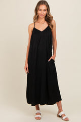 Black Crinkle V-Neck Cross Back Maternity Midi Dress