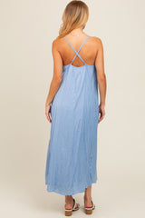 Light Blue Crinkle V-Neck Cross Back Midi Dress