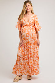 Orange Floral Smocked V-Neck Ruffle Tiered Maternity Maxi Dress