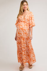 Orange Floral Smocked V-Neck Ruffle Tiered Maternity Maxi Dress