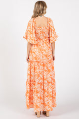 Orange Floral Smocked V-Neck Ruffle Tiered Maxi Dress