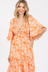 Orange Floral Smocked V-Neck Ruffle Tiered Maxi Dress