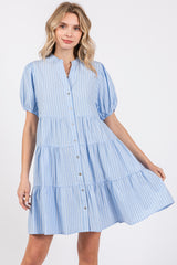 Blue Striped Button Down Tiered Dress