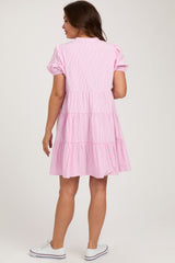 Pink Striped Button Down Tiered Maternity Dress