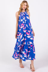 Blue Halter Leaf Print Maternity Midi Dress