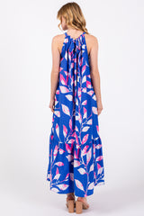 Blue Halter Leaf Print Midi Dress