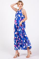 Blue Halter Leaf Print Midi Dress