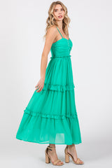 Green Sleeveless Pleated Ruffle Tiered Midi Dress