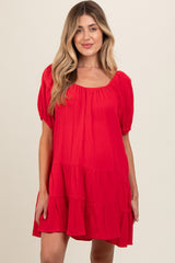 Red Ribbon Back Detail Puff Sleeve Maternity Mini Dress