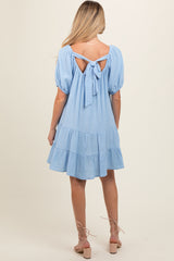 Light Blue Ribbon Back Detail Puff Sleeve Maternity Mini Dress